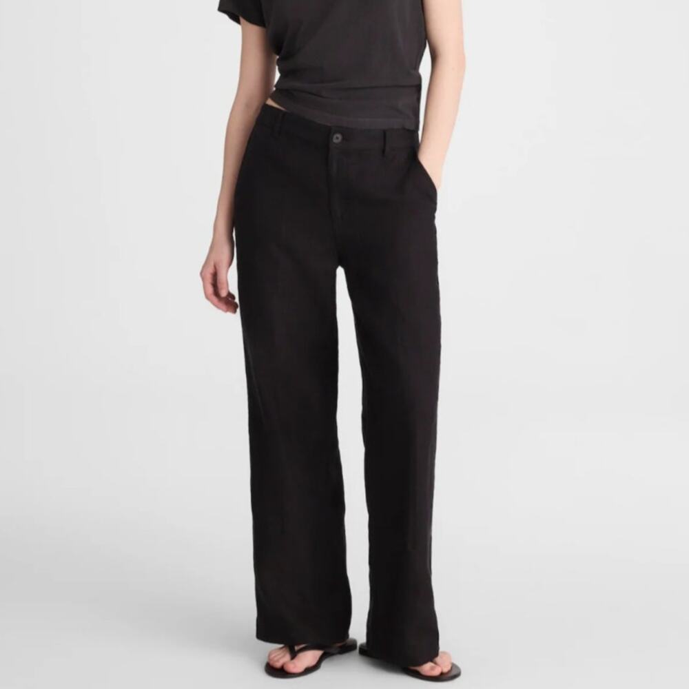 Madewell Zoe Relaxed Straight Linen Pants Jet Black High Rise‎ Lightweight XL 16